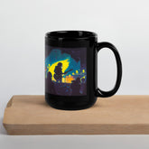 NS-850 black glossy coffee mug on wooden table.